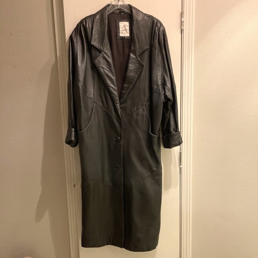 Black Leather Full Length Trench Coat Duster